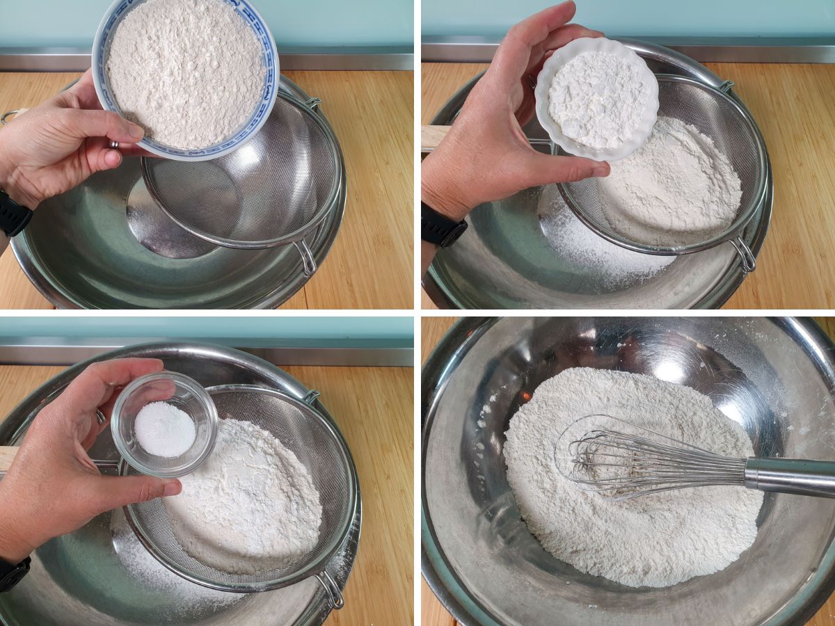 Process shots: sifting and mixing together flour, corn flour, baking powder and salt.