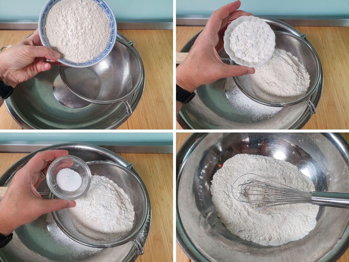 Snowflake Cookies 6 Process shots: sifting and mixing together flour, corn flour, baking powder and salt.