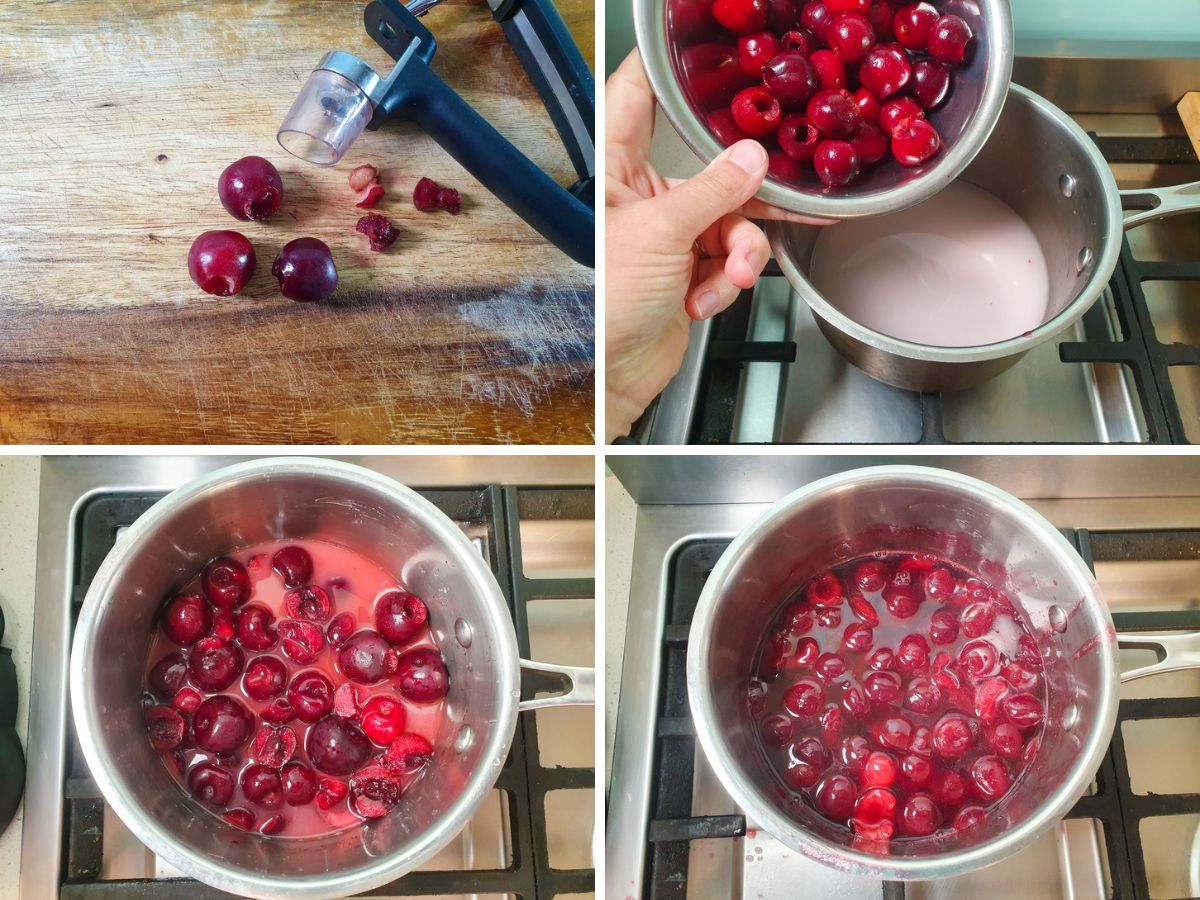 Cherry Cheesecake 7 Process shots: pitting cherries, adding cherry topping ingredients to pot on stove, opaque topping, cooked topping that’s changed to a clear, deep red color and is thick and glossy.