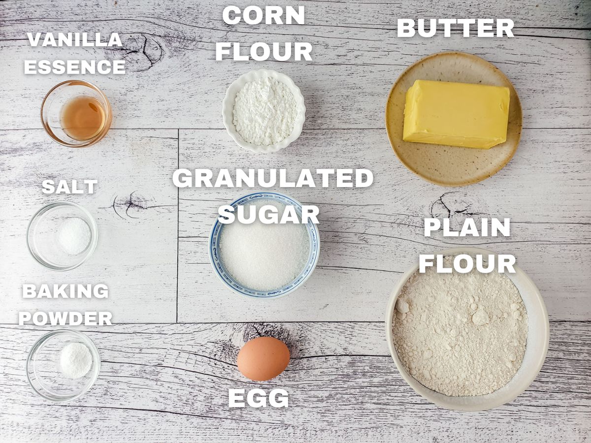 Ingredients: vanilla essence, salt, baking powder, corn flour, granulated sugar, egg, butter, plain flour.