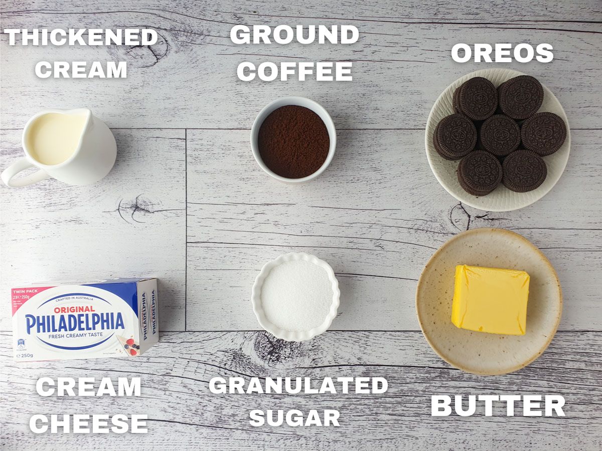 Ingredients: thickened cream, cream cheese, ground coffee, granulated sugar, Oreos, unsalted butter.