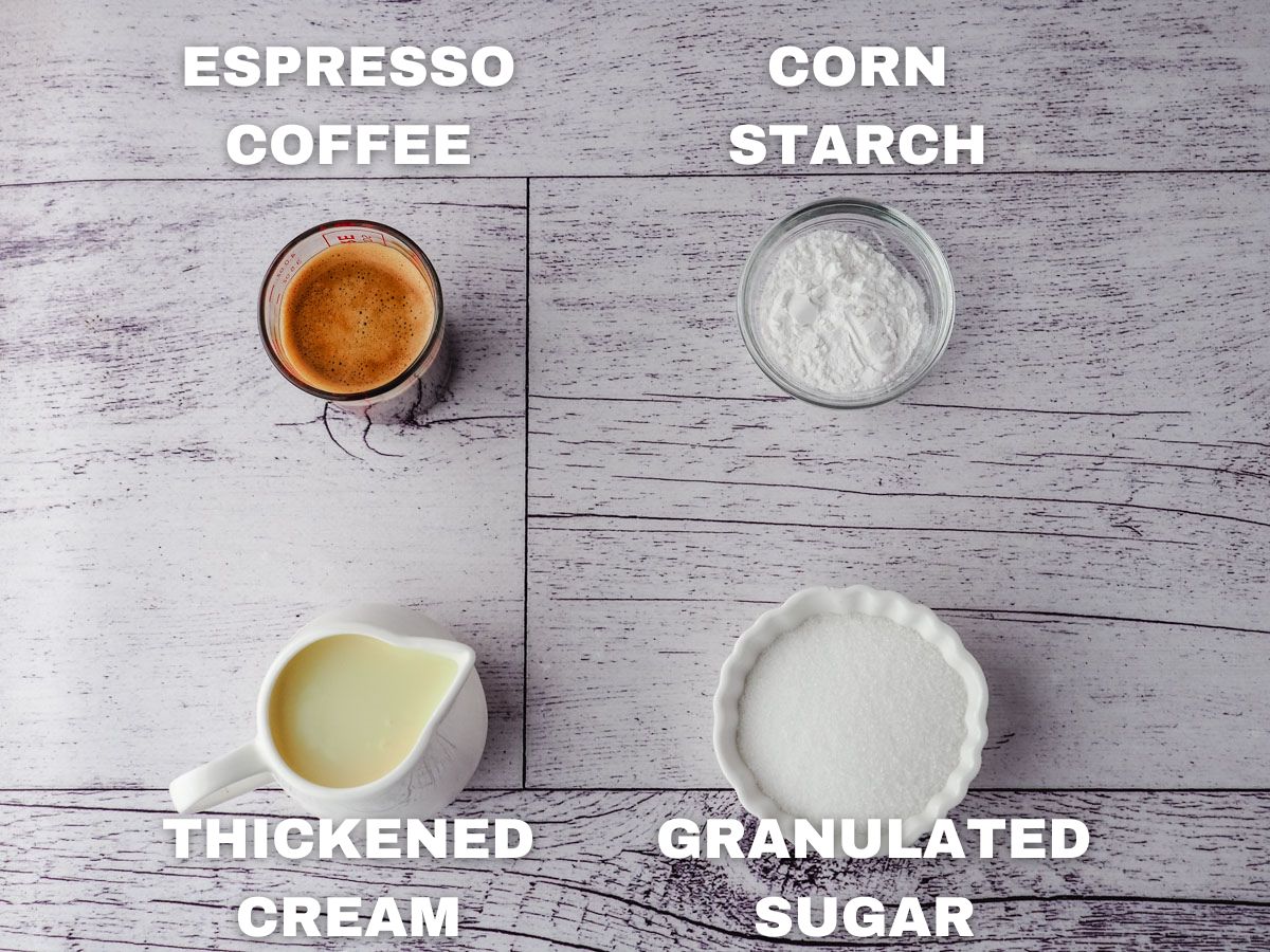 Coffee sauce ingredients, espresso coffee, corn starch, thickened cream, granulated sugar, vanilla essence (no pictured).