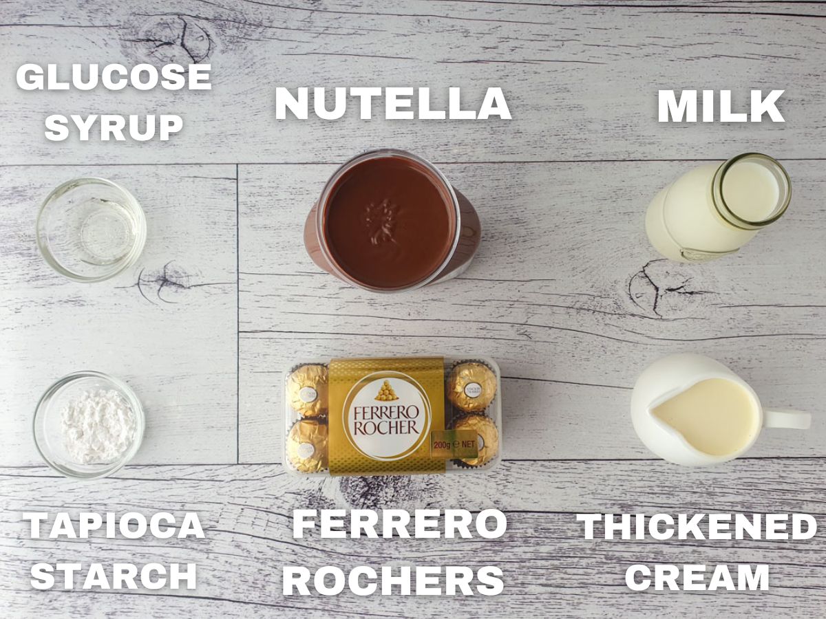 Ferrero Rocher Ice Cream 3 Ingredients: Ferrero Rocher's, Nutella, milk, thickened cream, tapioca starch, glucose syrup.