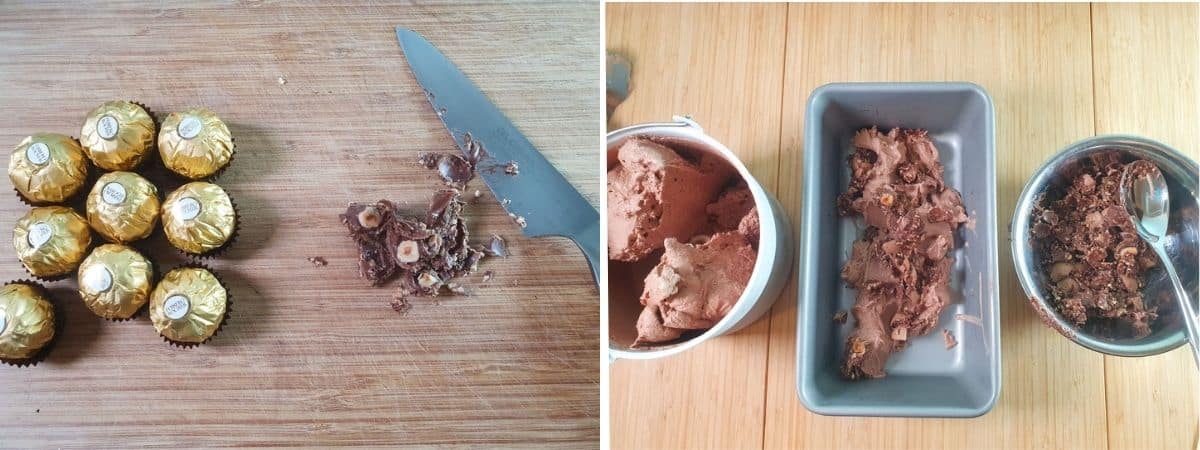 Process shots: chopping up Ferrero Rochers, laying churned ice crema and chopped Ferrero Rochers in a chilled container.