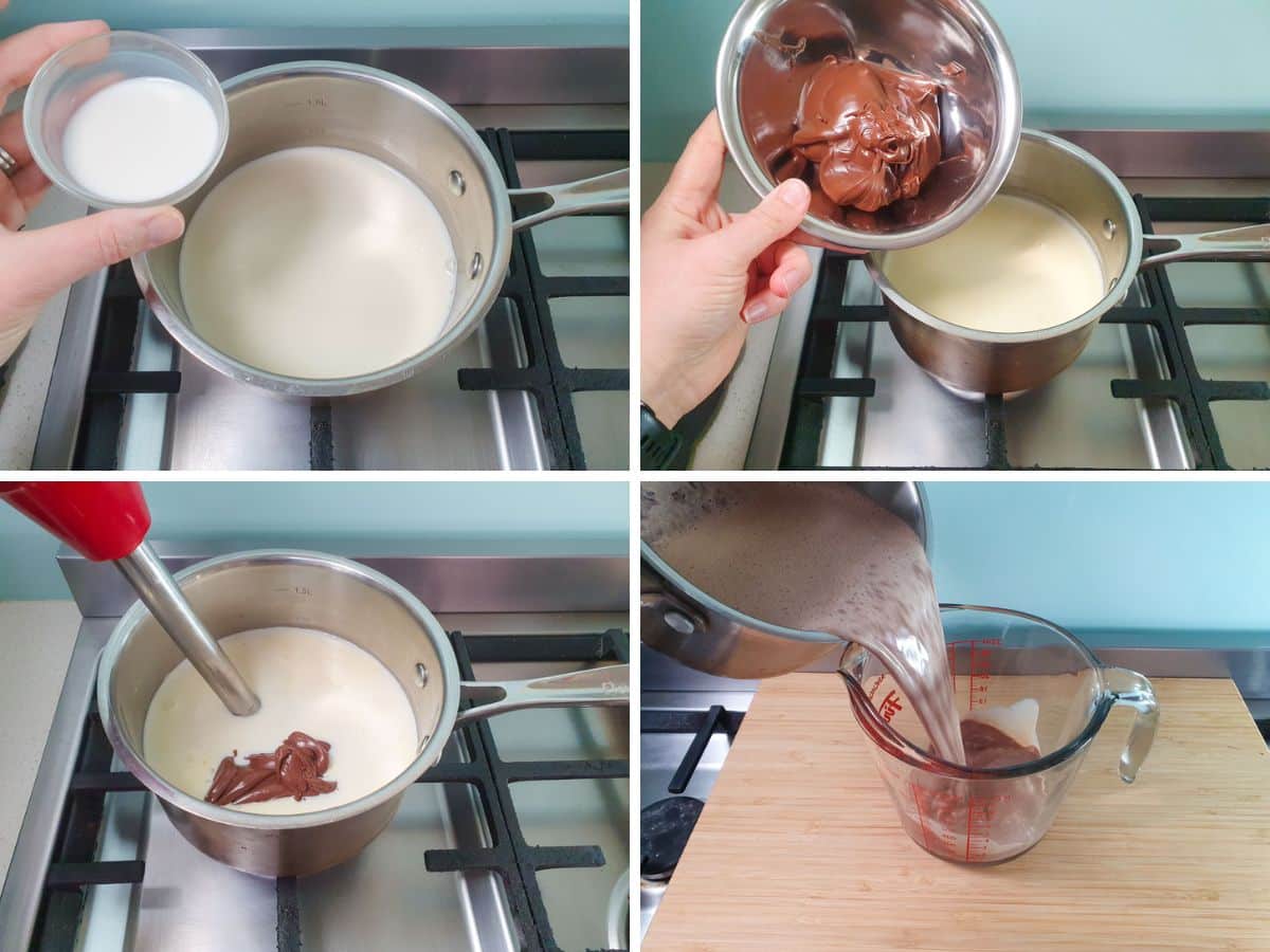 Process shots: adding tapioca starch slurry, adding Nutella, blending cooled mix, pouring mix into heat-proof jug.