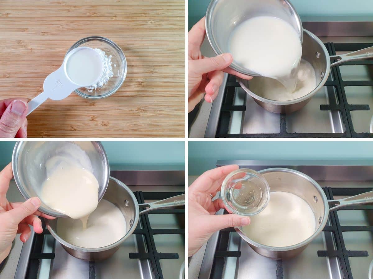 Process shots: mixing tapioca starch and milk to form a slurry, adding milk, cream and glucose syrup to a small pot on the stove.