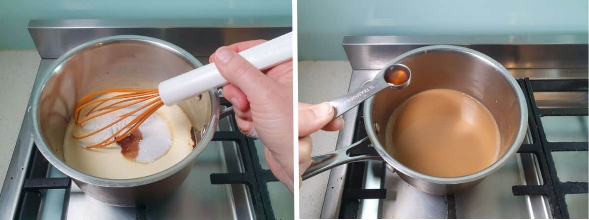 Coffee Sauce 5 Process shots: whisking ingredients till smooth, adding vanilla extract.