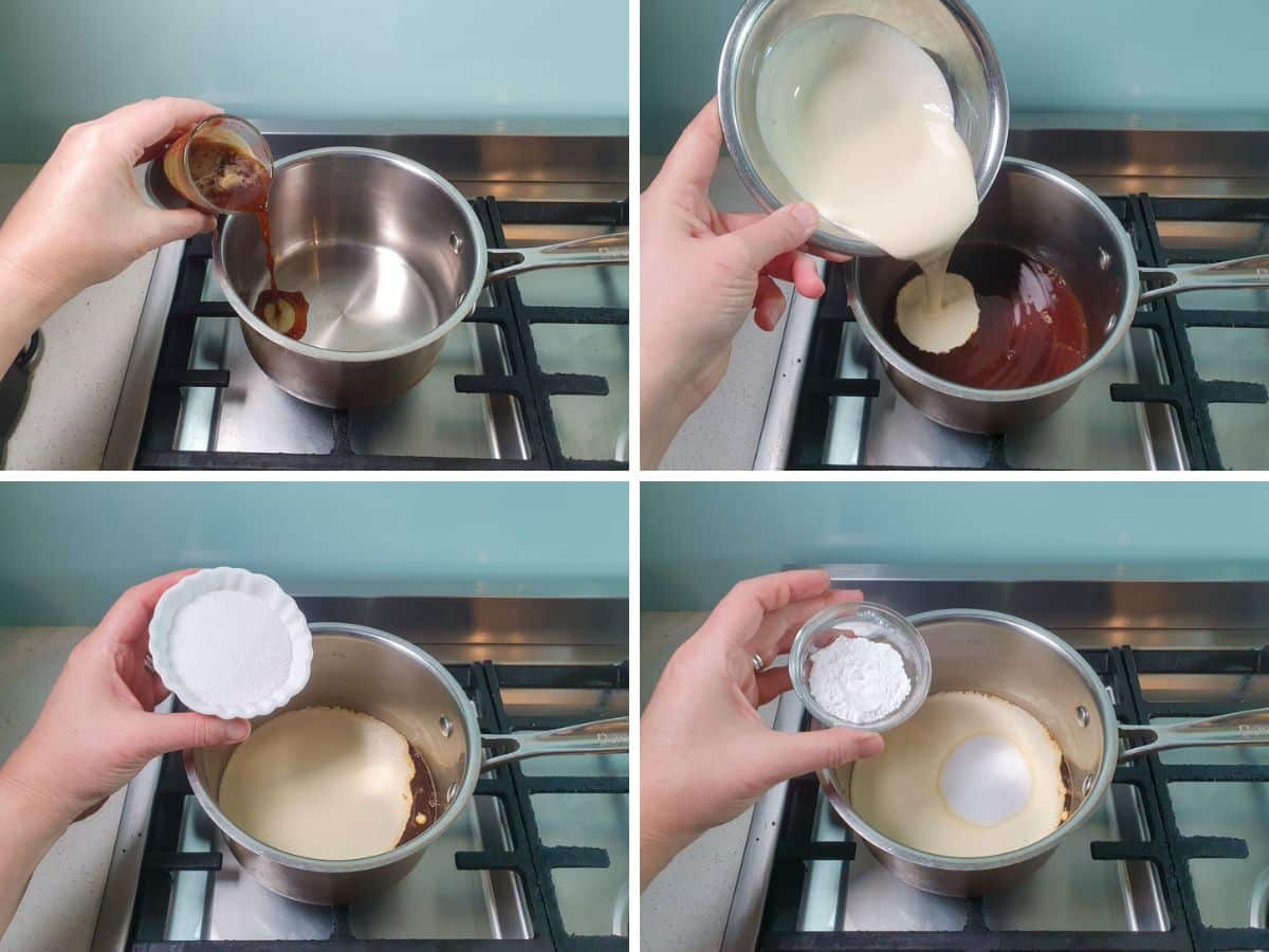 Process shots: adding cooled espresso coffee, adding cream, adding granulated sugar, adding corn flour.