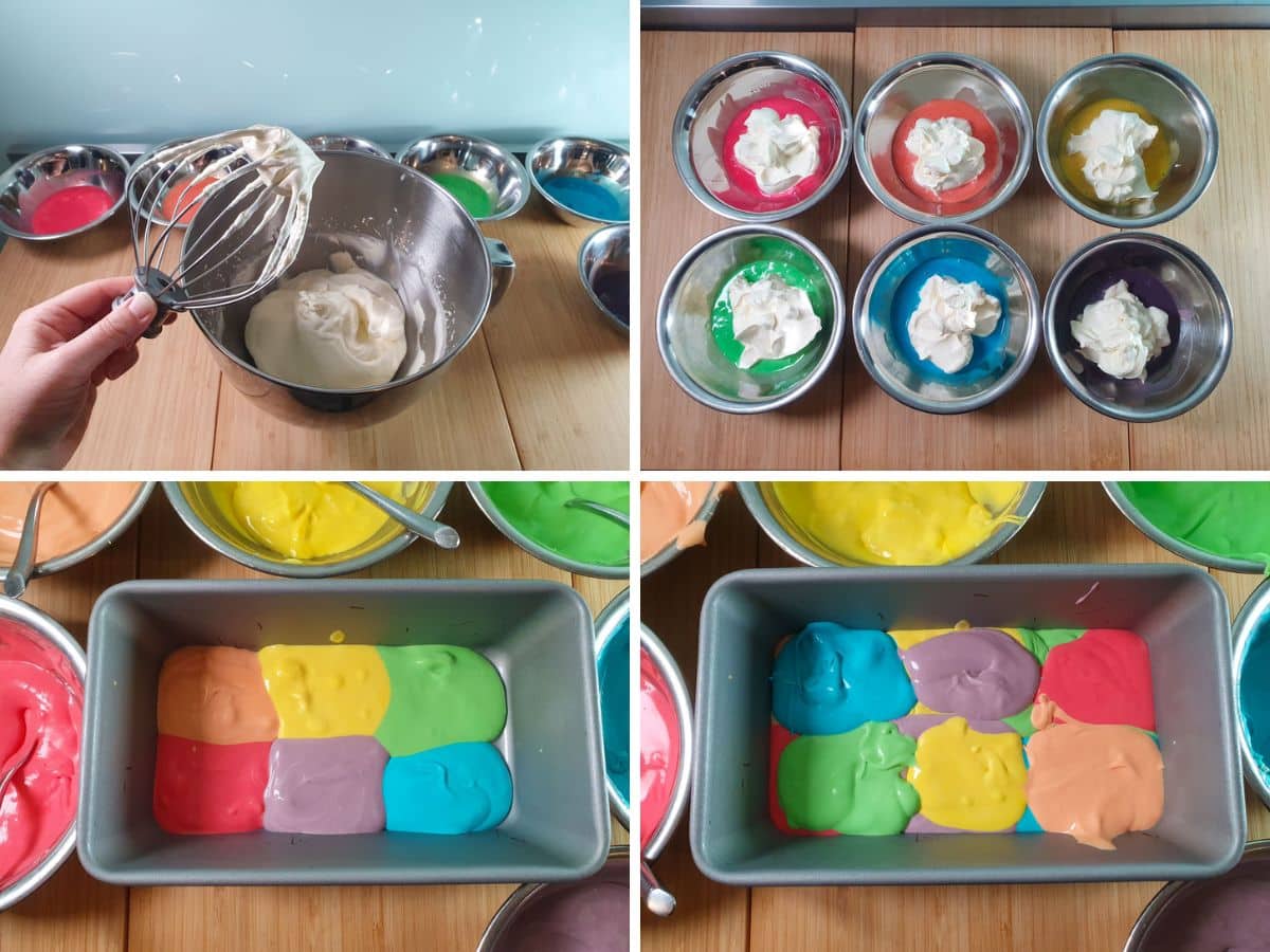 Process shots: whipping cream to firm peaks, dividing cream between 6 bowls of colored sweetened condensed milk, laying different colors into storage container.