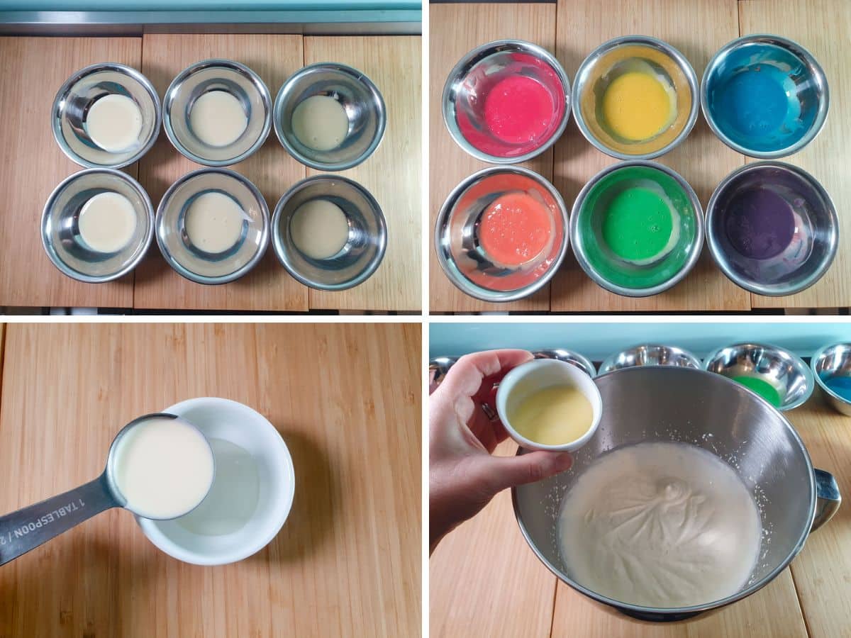 Rainbow Ice Cream 4 Process shots: dividing condensed milk into 6 bowls, adding food color, mixing cream and glucose syrup, adding cooled cream and glucose syrup to partly whipped cream.