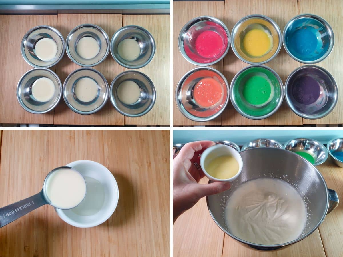 Process shots: dividing condensed milk into 6 bowls, adding food color, mixing cream and glucose syrup, adding cooled cream and glucose syrup to partly whipped cream.