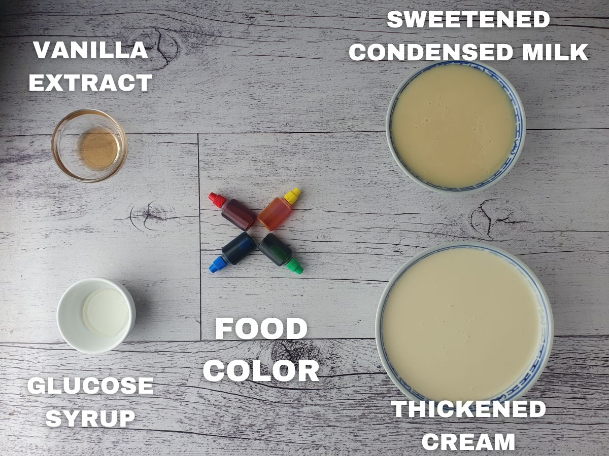 Rainbow Ice Cream 3 Ingredients: vanilla extract, sweetened condensed milk, thickened cream, food color, glucose syrup.