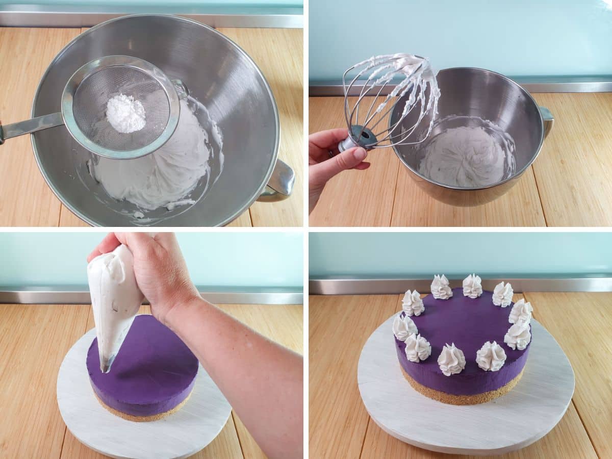Ube Cheesecake 8 Process shots: sifting powdered sugar into whipped coconut cream, whipping cream to peaks, piping coconut cream onto cheesecake.