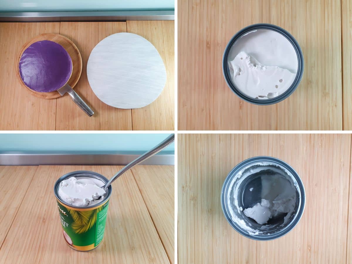 Ube Cheesecake 7 Process shots: transferring cake to serving board, opened chilled coconut cream showing solidified cream, spooning out solidified cream, showing liquid to leave in bottom of the can.