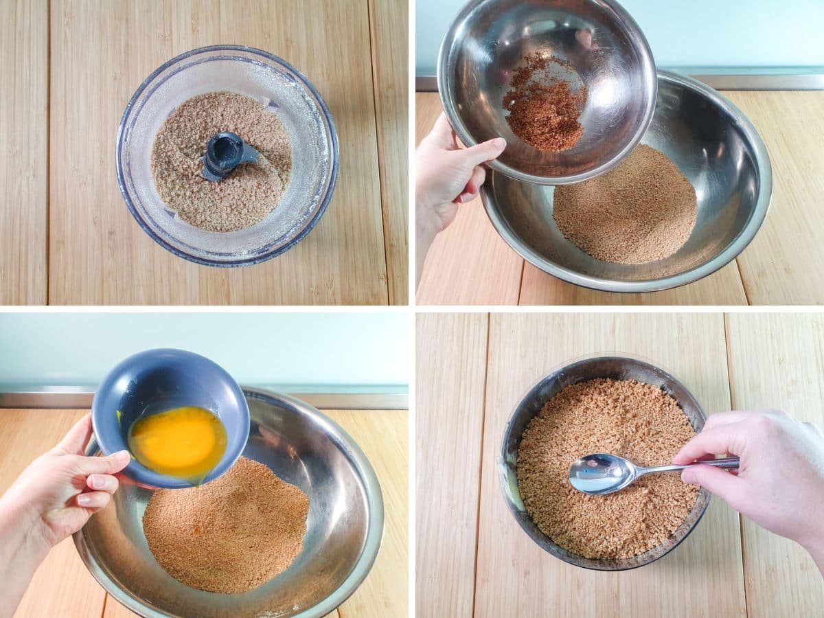 Ube Cheesecake 4 Process shots: blitzing grahams into crumbs, adding toasted coconut and melted butter to crumbs, pressing base into tin.