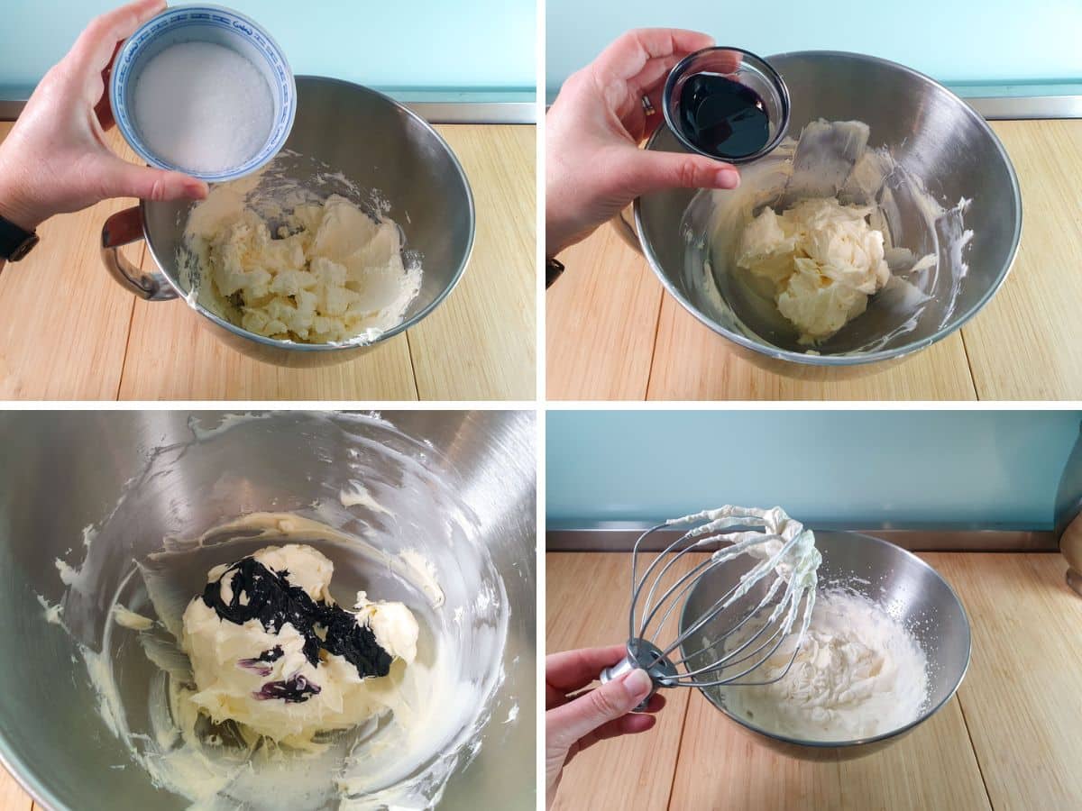 Process shots: adding sugar to softened cream cheese, adding ube flavoring, whipping cream to firm peaks.