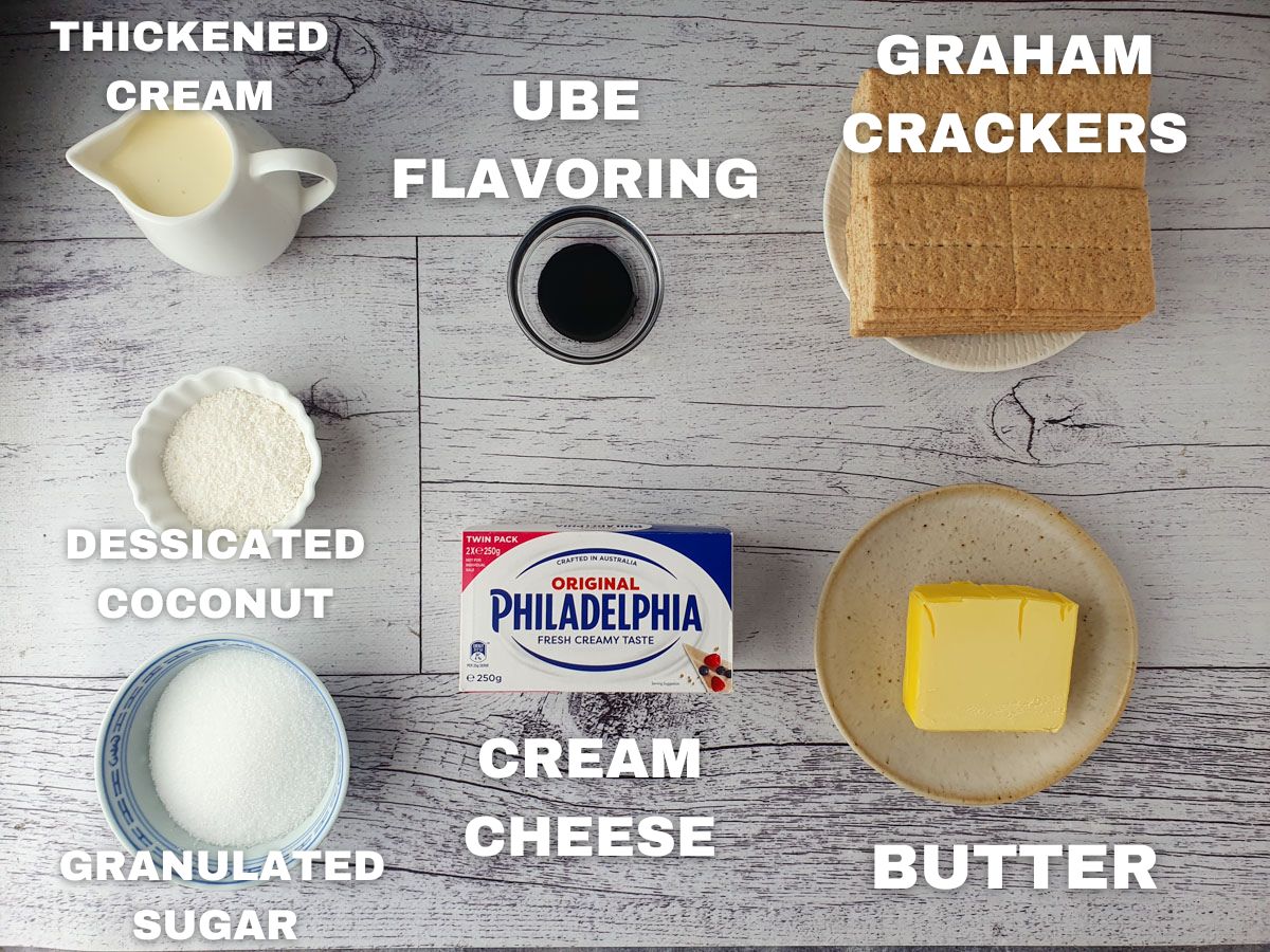 Ingredients: thickened cream, desiccated coconut, granulated sugar, ube flavoring, cream cheese, graham crackers, unsalted butter.