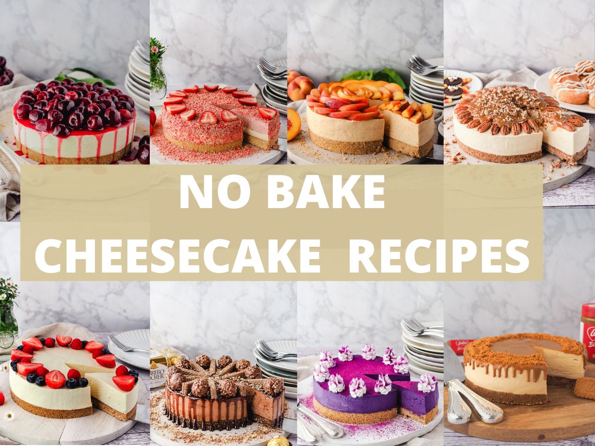 No bake cheesecake recipes collage with cherry cheesecake, strawberry crunch cheesecake, peach cheesecake, caramel pecan cheesecake, Philadelphia cheesecake, Ferrero Rocher cheesecake, ube cheesecake and Biscoff cheesecake, with text overlay.