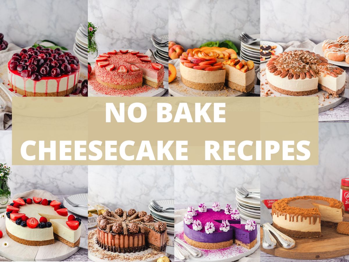 No Bake Cheesecake Recipes 2 No bake cheesecake recipes collage with cherry cheesecake, strawberry crunch cheesecake, peach cheesecake, caramel pecan cheesecake, Philadelphia cheesecake, Ferrero Rocher cheesecake, ube cheesecake and Biscoff cheesecake, with text overlay.
