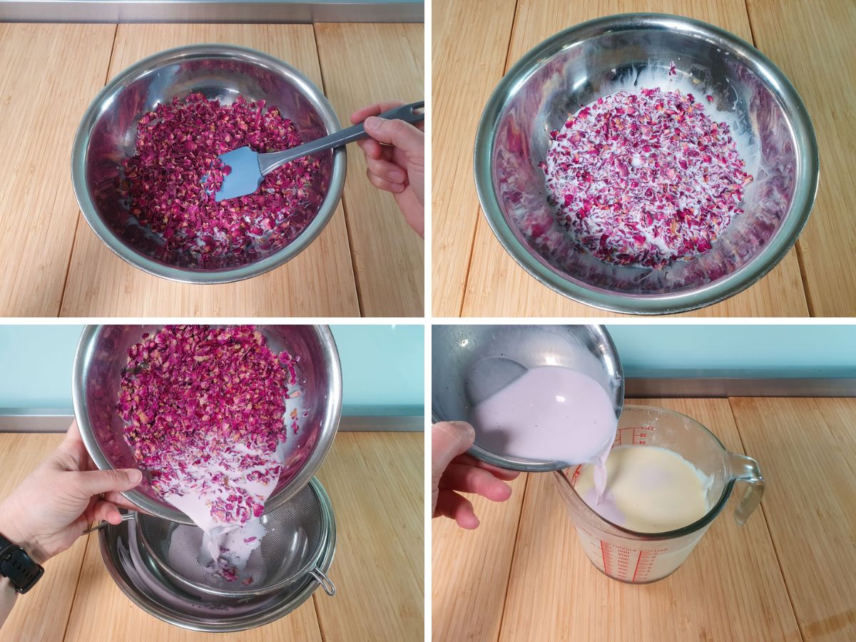 Cold brewing edible rose petals into milk, then straining off petals. Adding rose petal infused milk to rest of ice cream base.