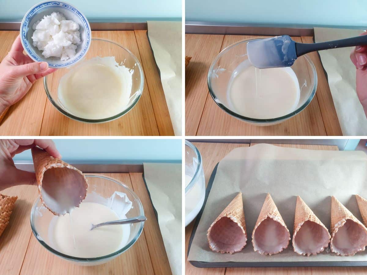 Adding refined coconut oil to melted white chocolate, mixing, swirling around inside of cones and pouring out excess chocolate, then leave to set.