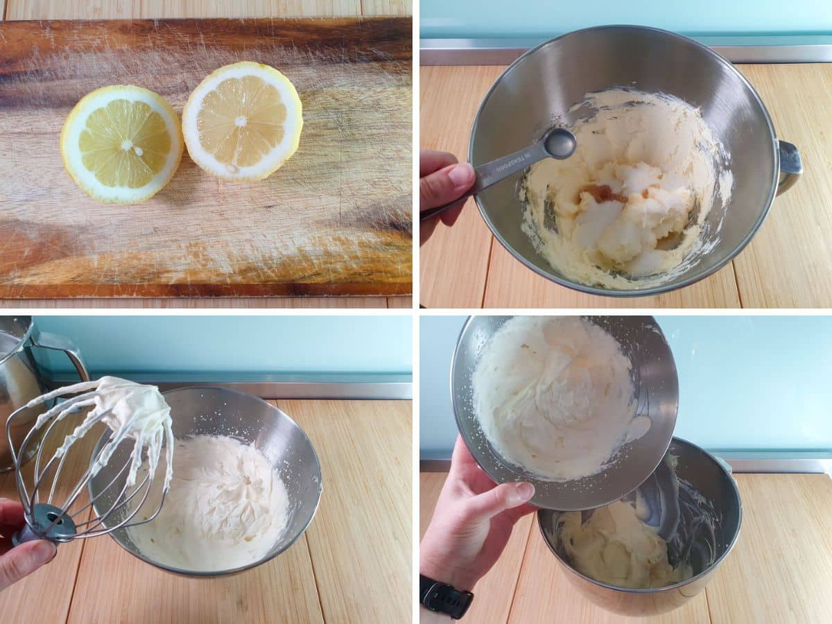 Making cheesecake filling, juicing lemon, adding sugar, vanilla and lemon juice to softened cream cheese, whipping cream to firm peaking, folding cream into cheesecake mix.