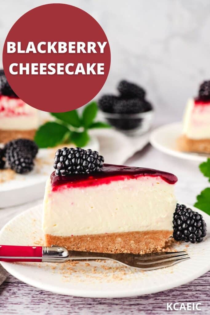 Slice of no bake blackberry cheesecake on a plate with fork, and rest of cake in background.