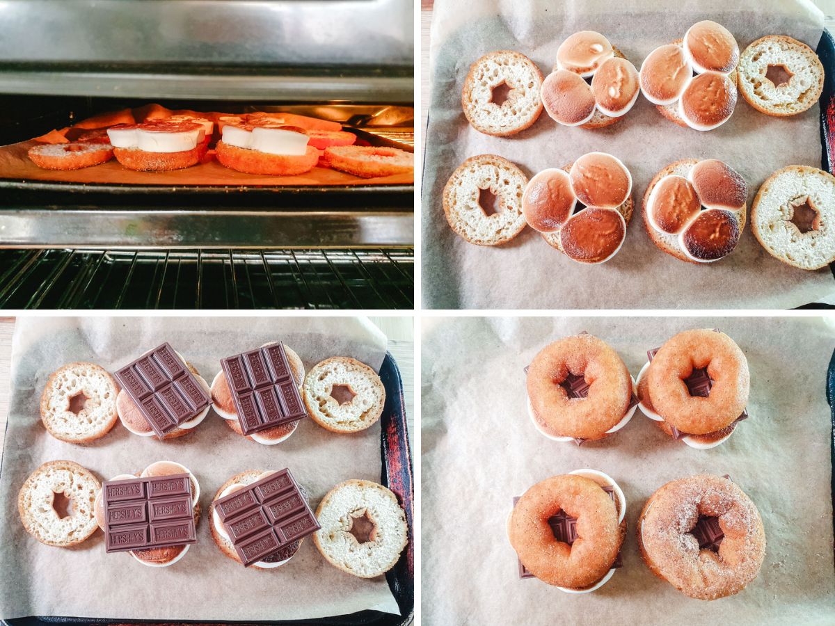 Smore Donuts 6 Process shots: grill sliced donuts with marshmallows, adding chocolate, adding lids.