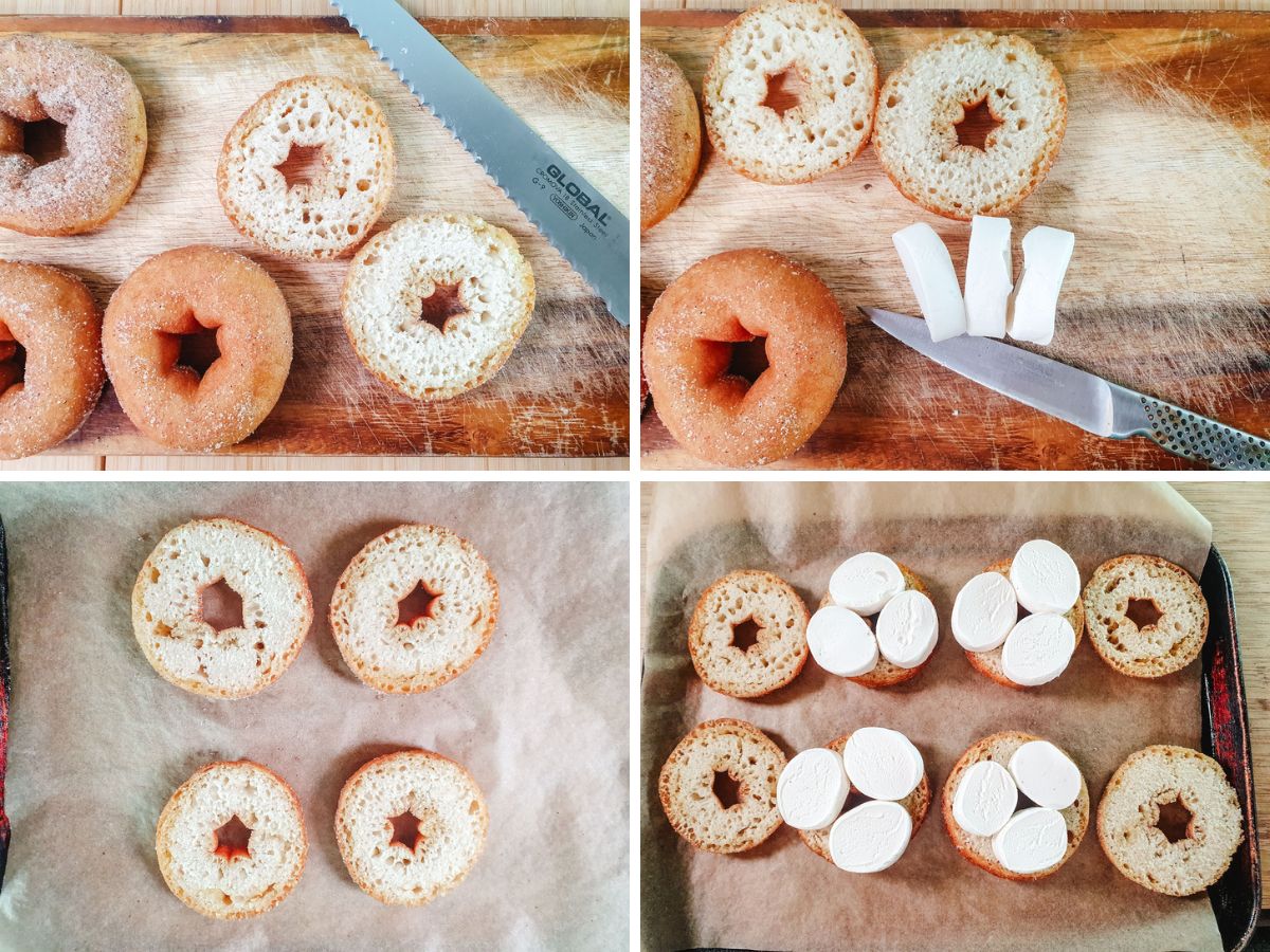 Smore Donuts 5 Process shots: slicing donuts in half, slicing marshmallows, grilling donuts to warm, adding sliced marshmallows before grilling.