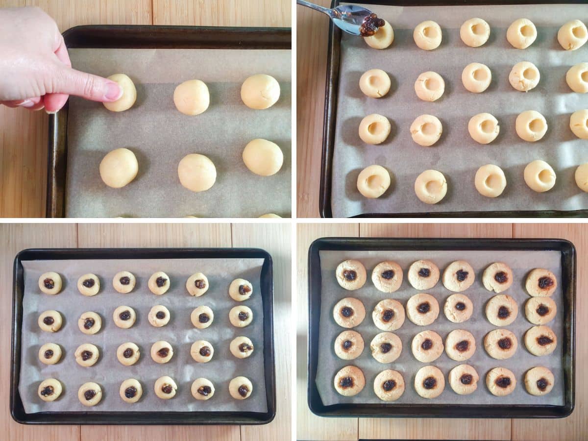 Mincemeat Thumbprint Cookies 5 Process shots: pressing thumbprint into rolled cookies, adding fruit mincemeat, ready to bake thumbprints, baked thumbprints.