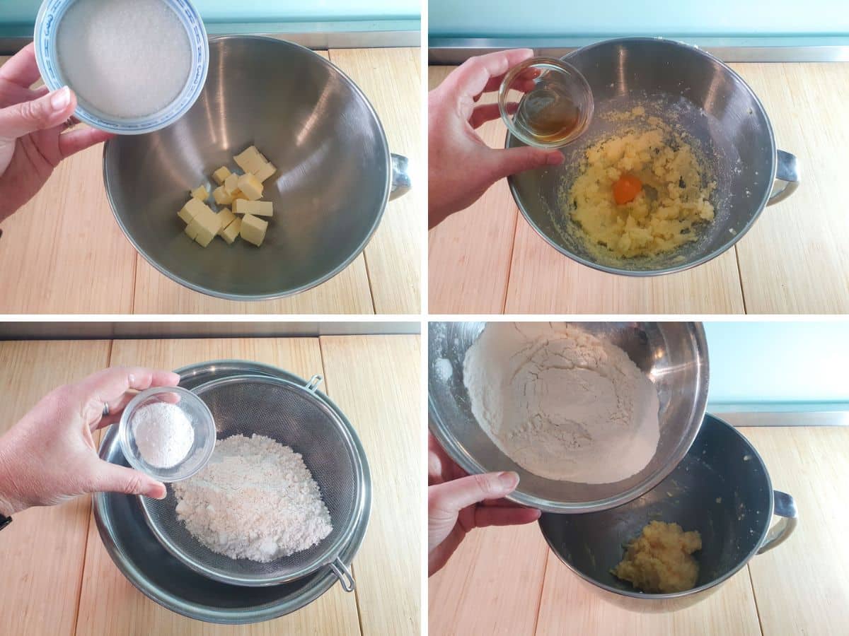 Mincemeat Thumbprint Cookies 4 Process shots: adding sugar to cubed butter, adding egg and vanilla to creamed sugar and butter, sifting flour and baking power, adding to cookie mix.