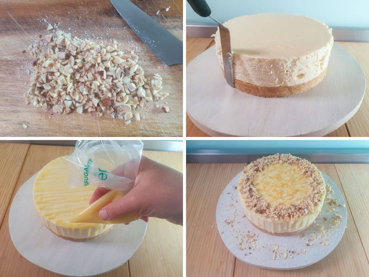 Lemon and White Chocolate Cheesecake 6 Process shots: chopping almonds, smoothing cheesecake edges, drizzling white chocolate ganache, finished cheesecake.