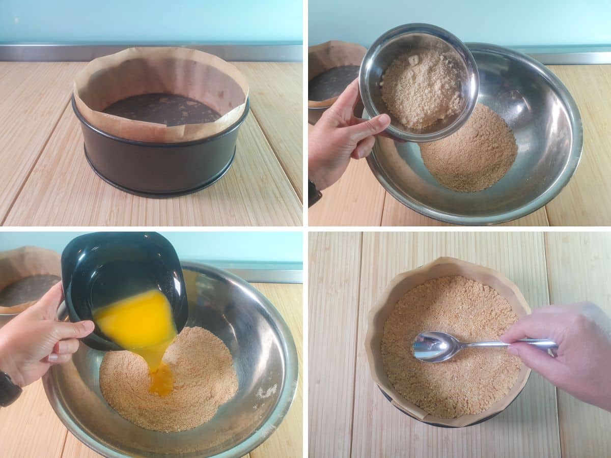 Lemon and White Chocolate Cheesecake 4 Process shots: lining tin, adding almond meal to cookie crumbs, adding melted butter, pressing base into tin.