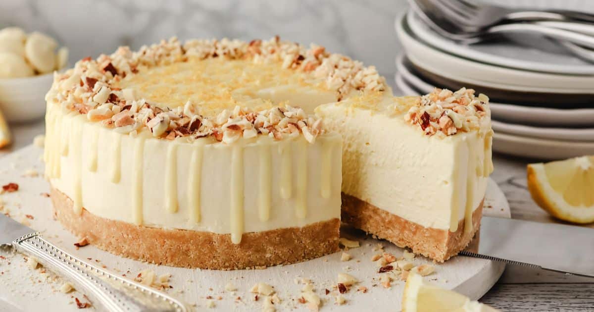 No Bake Cheesecake Recipes 21 Serving a slice of lemon white chocolate cheesecake.