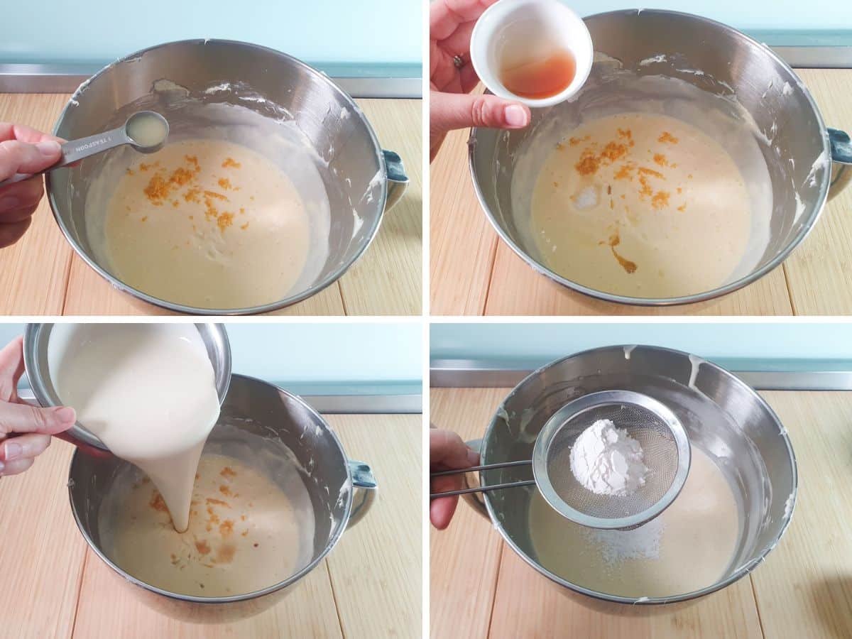 Process shots: adding lemon juice and lemon zest to batter, adding vanilla extract and salt, adding cream, sifting in tapioca starch.