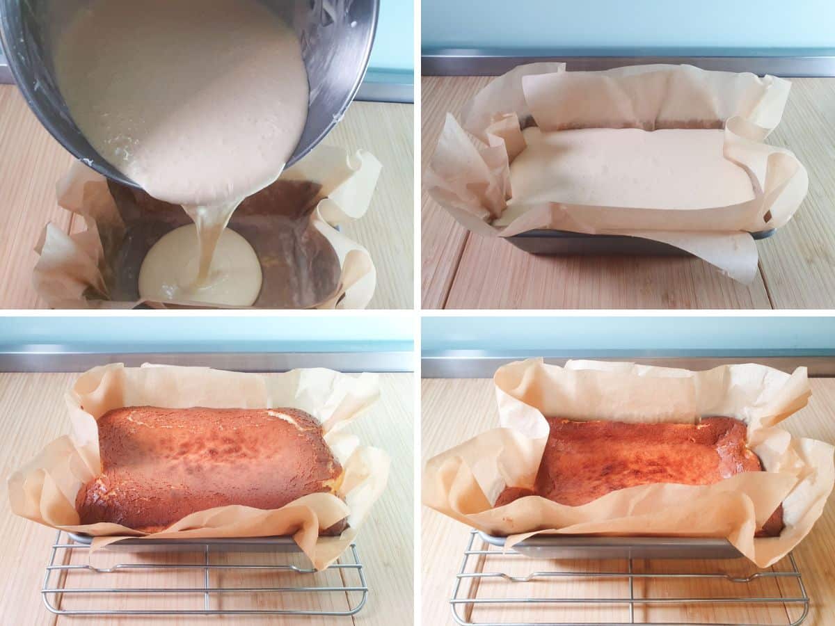 Process shots: pouring batter into pan, uncooked batter in pan nearly at top of pan, baked cheesecake risen above edge of pan, cooled baked cheesecake with sunken center.