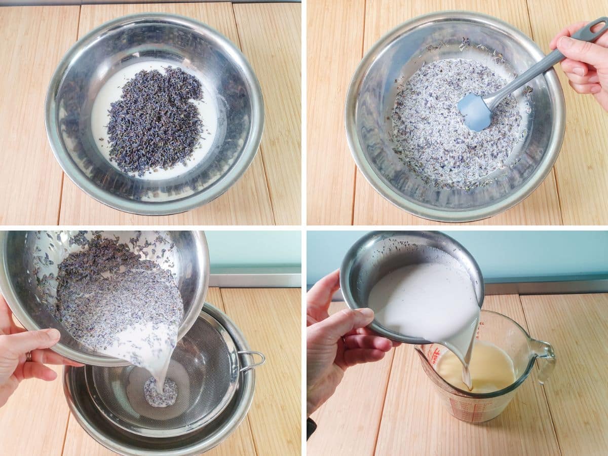 Process shots: adding lavender to milk, mixing well, straining lavender infused milk, adding lavender milk to rest of ice cream base.