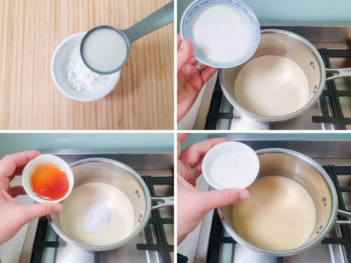Process shots: adding milk to tapioca starch to form a slurry, adding sugar to cream in a pot, then adding honey, then tapioca starch slurry.
