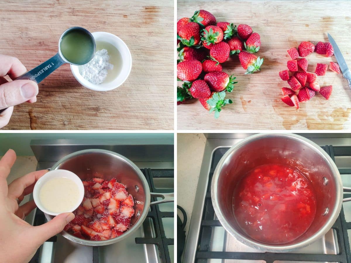 Process shots: adding lemon juice to corn flour, roughly chopping strawberries, adding strawberries, sugar and corn flour slurry to a pot, mixing well and cooking down topping.