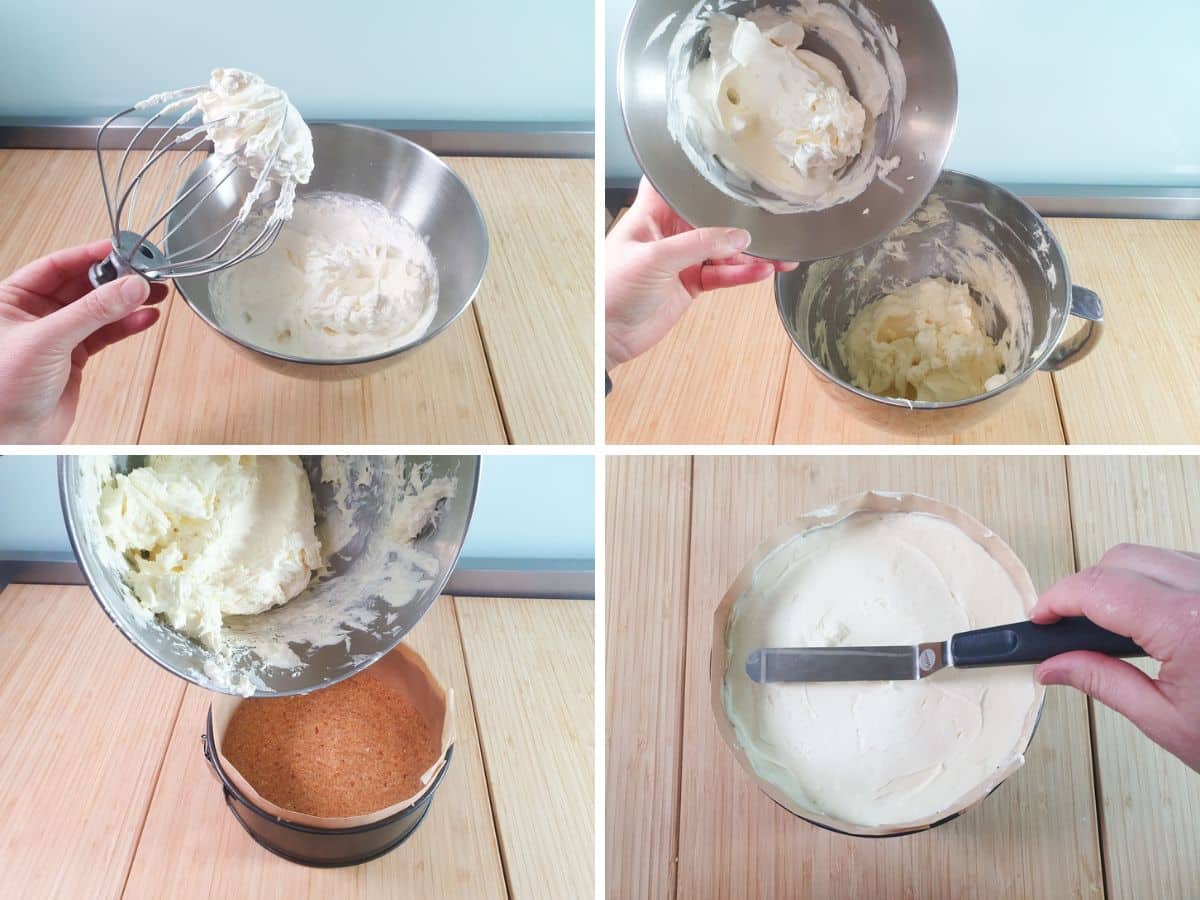 Process shots: whipping cream to stiff peaks, adding cream to cream cheese mix, adding filling to base, smoothing top with a spatula.