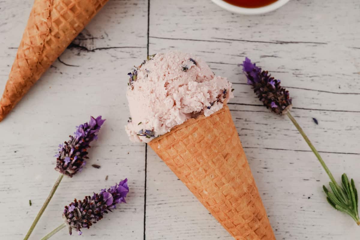 Scoop of lavender and honey ice cream with fresh lavender flowers.