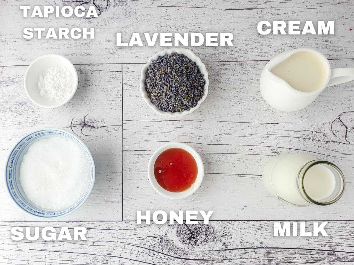 Ingredients: dried edible lavender, honey, cream, milk, tapioca starch, graduated sugar.