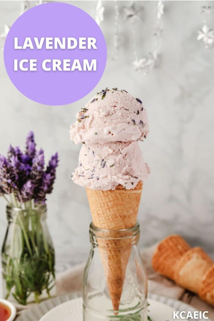 2 scoops of lavender ice cream in a cone with lavender in the background and text overlay.