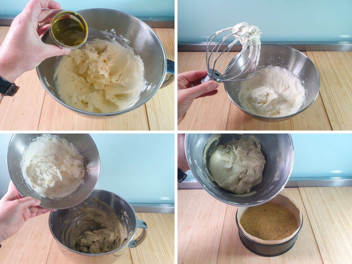 Process shots: adding pistachio paste to cream cheese and sugar, whipping cream to firm peaks, adding cream to rest of mix, adding filling to base.