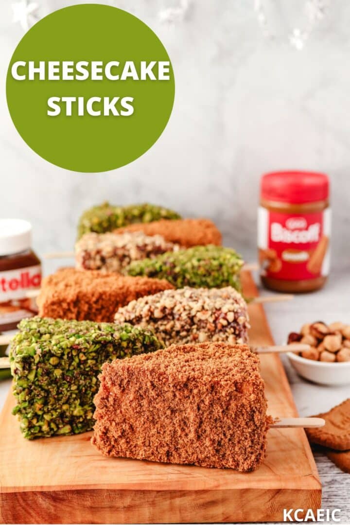 Cheesecake Sticks 1 Biscoff, pistachio and Nutella cheesecake sticks on a serving board surrounded by matching food props.