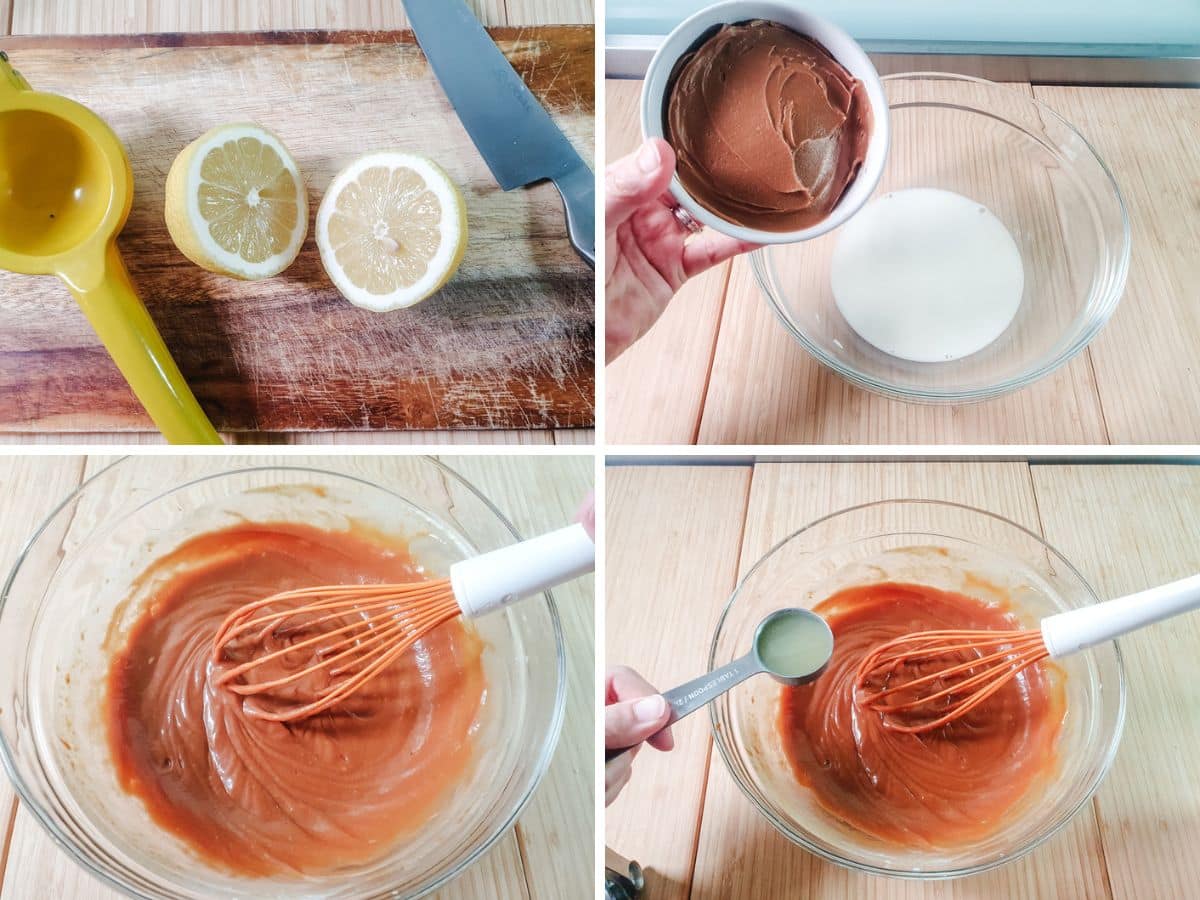 Cheesecake Sticks 11 Process shots: juicing lemon, adding Biscoff spread to milk, whisking, adding lemon juice.