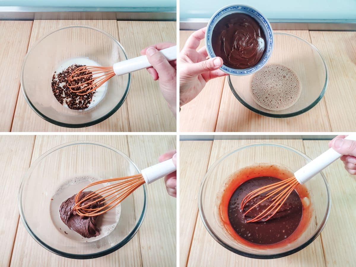 Cheesecake Sticks 12 Process shots: dissolving coffee in warm milk, adding Nutella, whisking in.