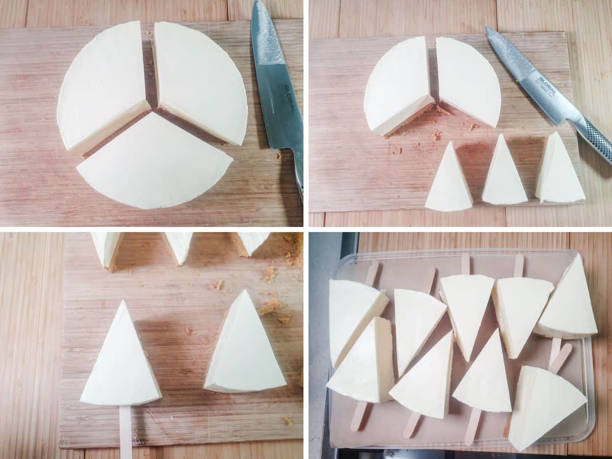 Cheesecake Sticks 9 Process shots: slicing cheesecake into 9 pieces, pushing popsicle sticks into each piece, lining up on upside down container lid to freeze.