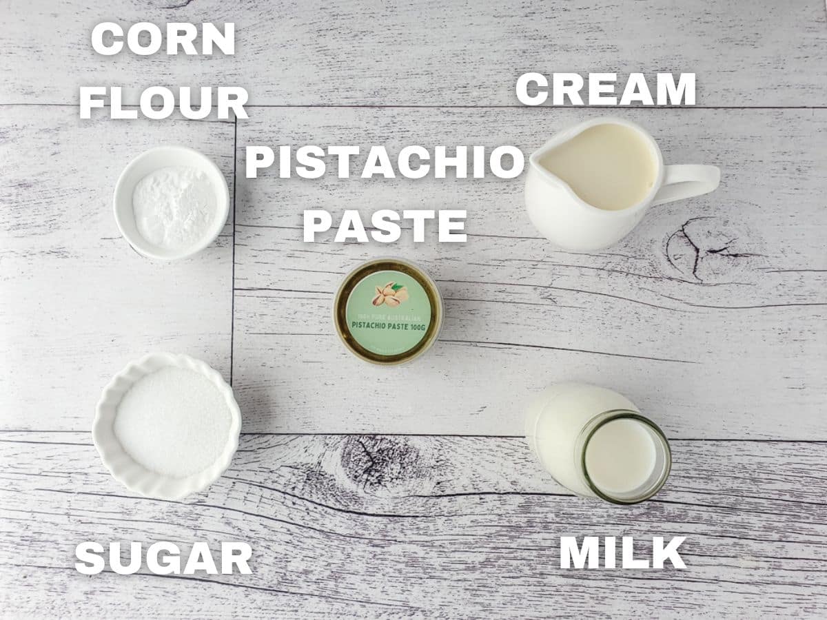 Cheesecake Sticks 4 Pistachio topping ingredients: pistachio paste, corn flour, sugar, cream, milk.