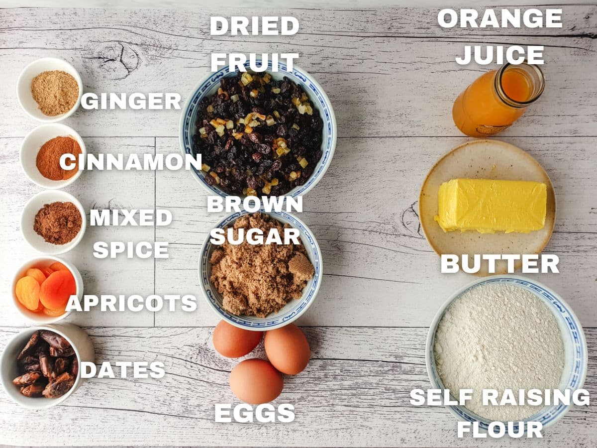 Ingredients: ground ginger, ground cinnamon, ground mixed spice, dried apricots, pitted dates, dried fruit mix, brown sugar, eggs, orange juice, butter, self raising flour.